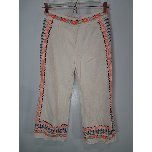 Anthropologie Pants - Anthropologie Embroidered Cotton Linen Crop Pants Ivory Orange Blue Women US 0